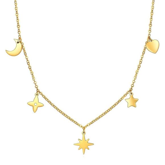 18K Gold Plated Moons Stars Stainless Steel Women's Necklace Hypoallergenic - Picture 1 of 9